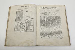 Cosimo Bartoli Del modo di misurare le distantie, le superficie, i corpi, le piante, le provincie, le prospettive, & tutte le altre cose terrene, che possono occorrere a gli huomini, secondo le vere regole di Euclide, & de gli altri pi lodati scrittori<BR>Venezia, Per Francesco Franceschi Sanese, 1589  - Asta Libri Antichi - Associazione Nazionale - Case d'Asta italiane