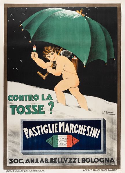 Luigi Yobbi : Contro la tosse? Pastiglie Marchesini  - Asta POP Culture e Manifesti d'Epoca - Associazione Nazionale - Case d'Asta italiane