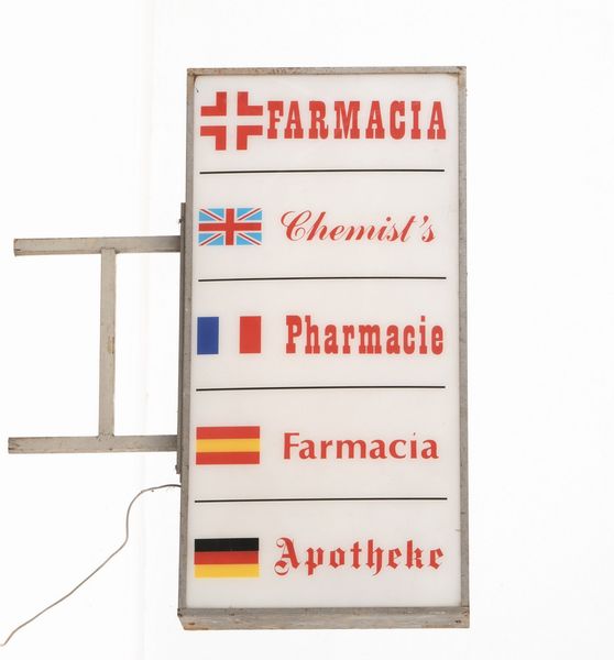 Insegna luminosa farmacia bifacciale in diverse ingue.  - Asta POP Culture e Manifesti d'Epoca - Associazione Nazionale - Case d'Asta italiane