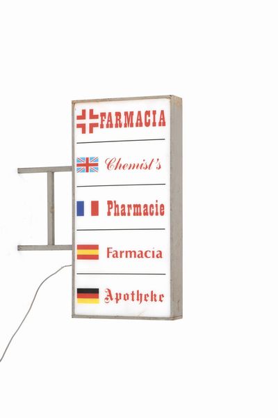 Insegna luminosa farmacia bifacciale in diverse ingue.  - Asta POP Culture e Manifesti d'Epoca - Associazione Nazionale - Case d'Asta italiane