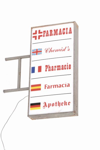 Insegna luminosa farmacia bifacciale in diverse ingue.  - Asta POP Culture e Manifesti d'Epoca - Associazione Nazionale - Case d'Asta italiane