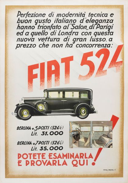 Anonimo : Fiat 524  - Asta POP Culture e Manifesti d'Epoca - Associazione Nazionale - Case d'Asta italiane