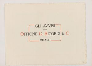 ARTISTI VARI : Gli Avvisi delle Officine G. Ricordi - Milano  - Asta POP Culture e Manifesti d'Epoca - Associazione Nazionale - Case d'Asta italiane