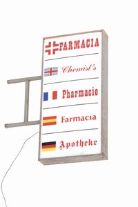 Insegna luminosa farmacia bifacciale in diverse ingue.  - Asta POP Culture e Manifesti d'Epoca - Associazione Nazionale - Case d'Asta italiane