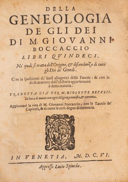 Boccaccio, Giovanni : Della genealogia de gli dei  - Asta Libri, Autografi e Stampe - Associazione Nazionale - Case d'Asta italiane