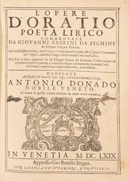 Orazio Flacco, Quinto : L'opere d'Oratio poeta lirico commentate da Giovanni Fabrini da Fighine  - Asta Libri, Autografi e Stampe - Associazione Nazionale - Case d'Asta italiane