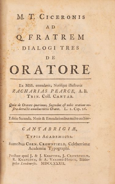 Cicerone, Marco Tullio : Ad Q. Fratem dialogi tres De Oratore  - Asta Libri, Autografi e Stampe - Associazione Nazionale - Case d'Asta italiane