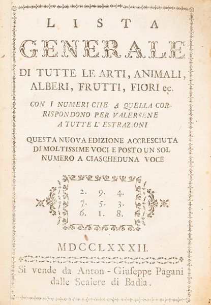 Lista generale di tutte le arti, animali, alberi, frutti ec. con i numeri che a quella corrispondono per valersene a tutte l'estrazioni  - Asta Libri, Autografi e Stampe - Associazione Nazionale - Case d'Asta italiane