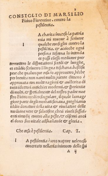 Ficino, Marsilio : Il consiglio di Marsilio Ficino Fiorentino contro la pestilentia con altre cose aggiunte appropriate alla medesima malattia  - Asta Libri, Autografi e Stampe - Associazione Nazionale - Case d'Asta italiane