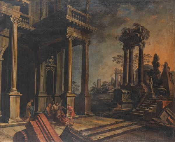 Scuola dell'Italia settentrionale, secolo XVIII : Capriccio architettonico con Tobiolo che guarisce il padre cieco  - Asta Dipinti e Disegni Antichi - Associazione Nazionale - Case d'Asta italiane