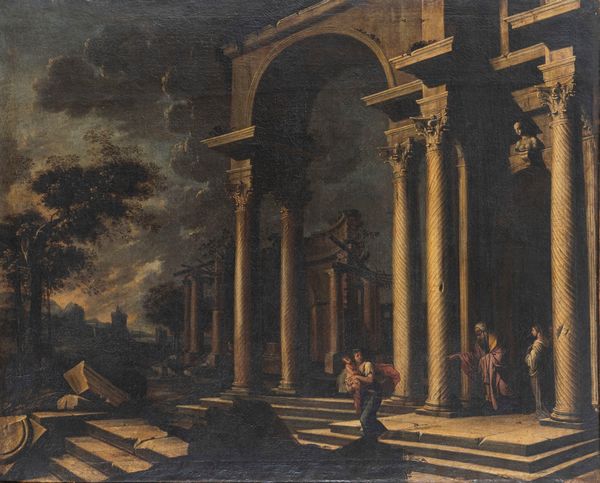 Scuola dell'Italia settentrionale, secolo XVIII : Capriccio architettonico con la cacciata di Agar e Ismaele  - Asta Dipinti e Disegni Antichi - Associazione Nazionale - Case d'Asta italiane