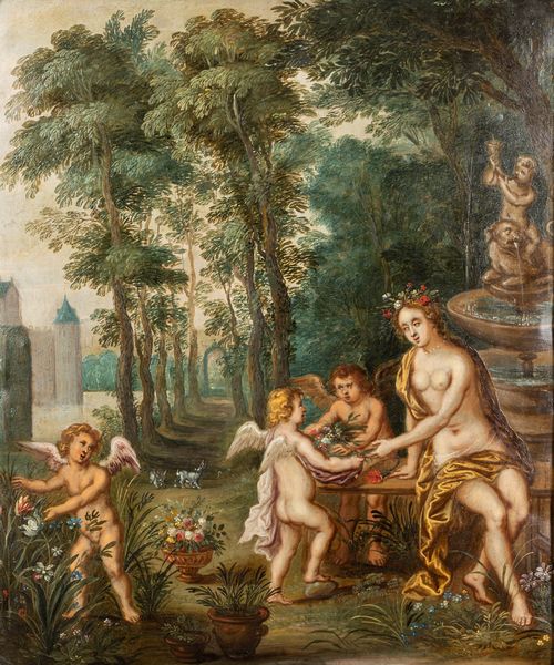 Scuola fiamminga, secolo XVII : Flora e amorini in un giardino  - Asta Dipinti e Disegni Antichi - Associazione Nazionale - Case d'Asta italiane