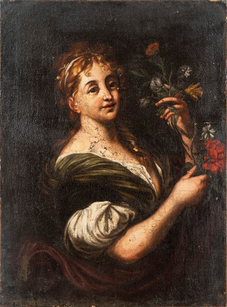 Bottega di Domenico Piola (Genova 1627-1703) : Giovane donna con fiori (Flora o Allegoria della Primavera)  - Asta Dipinti e Disegni Antichi - Associazione Nazionale - Case d'Asta italiane