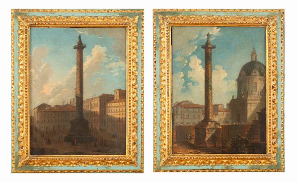 Maniera di Antonio Canal, detto il Canaletto : La Colonna Traiana; e la Colonna Antonina  - Asta Dipinti e Disegni Antichi - Associazione Nazionale - Case d'Asta italiane