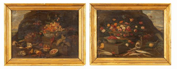 Scuola fiamminga, secolo XVIII : Frutta pappagallo e cacciagione en plein air; e Cesto di fiori con gatto e pesci en plein air  - Asta Dipinti e Disegni Antichi - Associazione Nazionale - Case d'Asta italiane