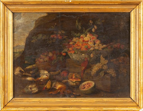 Scuola fiamminga, secolo XVIII : Frutta pappagallo e cacciagione en plein air; e Cesto di fiori con gatto e pesci en plein air  - Asta Dipinti e Disegni Antichi - Associazione Nazionale - Case d'Asta italiane