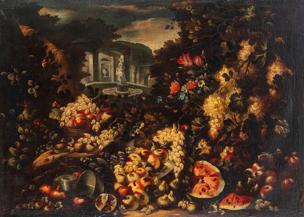 Maniera di Abraham Brueghel : Trionfo di fiori e frutta en plein air  - Asta Dipinti e Disegni Antichi - Associazione Nazionale - Case d'Asta italiane