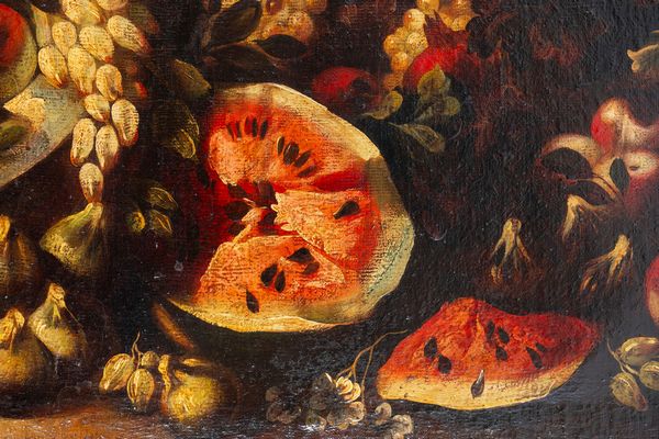 Maniera di Abraham Brueghel : Trionfo di fiori e frutta en plein air  - Asta Dipinti e Disegni Antichi - Associazione Nazionale - Case d'Asta italiane