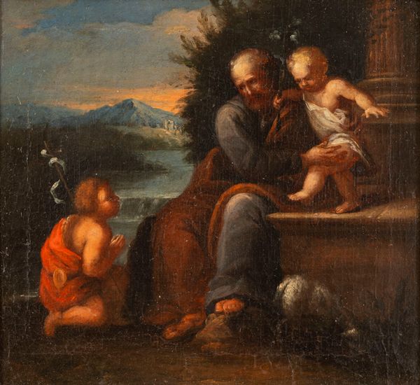 Scuola emiliana, secolo XVII : San Giuseppe con il Bambino e San Giovannino in un paesaggio  - Asta Dipinti e Disegni Antichi - Associazione Nazionale - Case d'Asta italiane