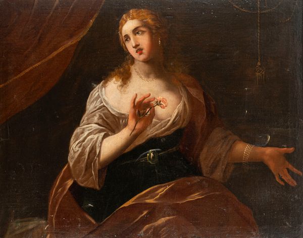 Scuola dell'Italia settentrionale, secolo XVII : Donna con fiore (Vanitas?)  - Asta Dipinti e Disegni Antichi - Associazione Nazionale - Case d'Asta italiane