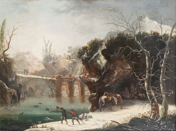 Attribuito a Francesco Foschi (Ancona 1710 - Roma 1780) : Paesaggio invernale con cacciatori in riva  - Asta Dipinti e Disegni Antichi - Associazione Nazionale - Case d'Asta italiane