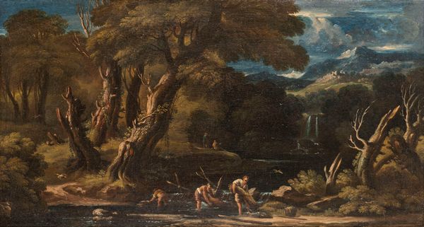 Scuola romana, secolo XVII : Paesaggio fluviale con pescatori in riva e cascata sullo sfondo  - Asta Dipinti e Disegni Antichi - Associazione Nazionale - Case d'Asta italiane