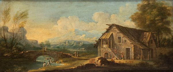 Scuola veneta, secolo XVIII : Paesaggio fluviale con casolare e ponte di pietra  - Asta Dipinti e Disegni Antichi - Associazione Nazionale - Case d'Asta italiane