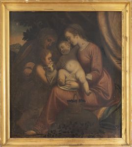 Scuola genovese, secolo XVI : Madonna con Bambino, San Giovannino e Sant'Anna  - Asta Dipinti e Disegni Antichi - Associazione Nazionale - Case d'Asta italiane