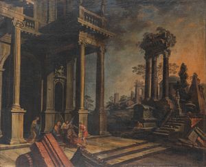 Scuola dell'Italia settentrionale, secolo XVIII - Capriccio architettonico con Tobiolo che guarisce il padre cieco