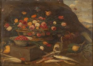 Scuola fiamminga, secolo XVIII : Frutta pappagallo e cacciagione en plein air; e Cesto di fiori con gatto e pesci en plein air  - Asta Dipinti e Disegni Antichi - Associazione Nazionale - Case d'Asta italiane