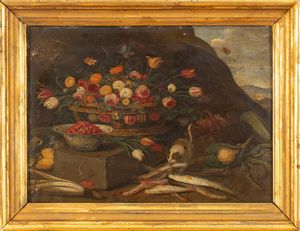 Scuola fiamminga, secolo XVIII : Frutta pappagallo e cacciagione en plein air; e Cesto di fiori con gatto e pesci en plein air  - Asta Dipinti e Disegni Antichi - Associazione Nazionale - Case d'Asta italiane