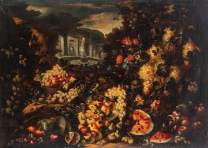 Maniera di Abraham Brueghel - Trionfo di fiori e frutta en plein air