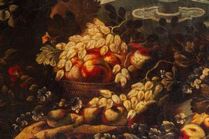 Maniera di Abraham Brueghel : Trionfo di fiori e frutta en plein air  - Asta Dipinti e Disegni Antichi - Associazione Nazionale - Case d'Asta italiane