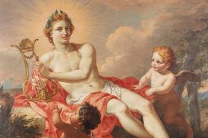 Attribuito a Giambattista Pittoni (Venezia 1687-1767) : Apollo suona la lira con due putti  - Asta Dipinti e Disegni Antichi - Associazione Nazionale - Case d'Asta italiane