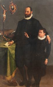 Bartolomeo Passerotti - Ritratto di gentiluomo con figlio, a figura intera, presso uno scrittoio (tradizionalmente Girolamo Salamoni)