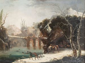 Attribuito a Francesco Foschi (Ancona 1710 - Roma 1780) - Paesaggio invernale con cacciatori in riva