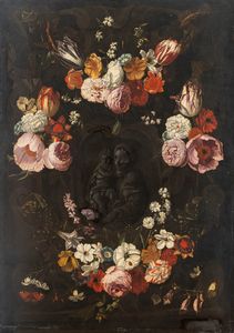 Jan Frans van Dael - Madonna con Bambino en grisaille, entro ghirlanda di fiori