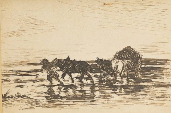 DAUBIGNY FRANCOIS CHARLES Parigi 1817-1878 : Uomo con cavallo e carro di buoi  - Asta Dipinti  - Associazione Nazionale - Case d'Asta italiane