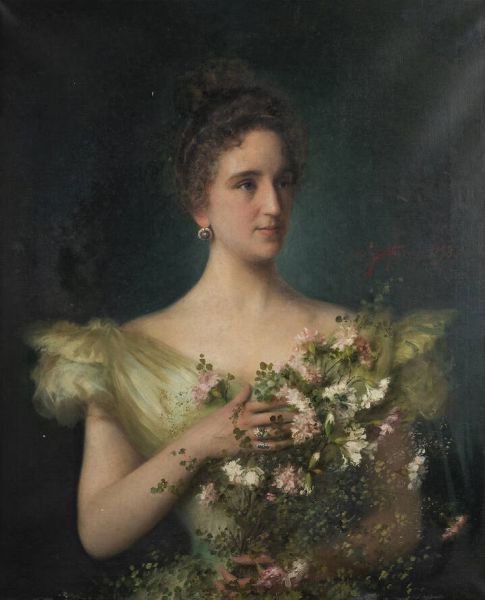 CIPRIANO CEI Biella (BI) 1864 - 1922 Roma : Ritratto di signora con fiori Firenze 1898  - Asta Dipinti  - Associazione Nazionale - Case d'Asta italiane