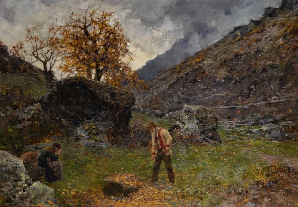 SERAFINO GRASSI Torino 1863 - 1904 : La raccolta delle foglie 1892  - Asta Dipinti  - Associazione Nazionale - Case d'Asta italiane