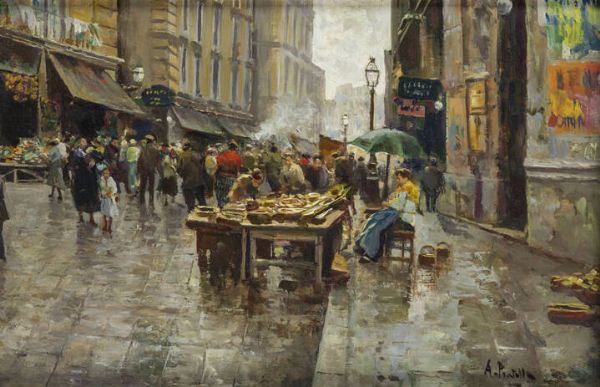 ATTILIO PRATELLA Lugo (RA) 1856 - 1949 Napoli : Mercato di Santa Brigida  - Asta Dipinti  - Associazione Nazionale - Case d'Asta italiane