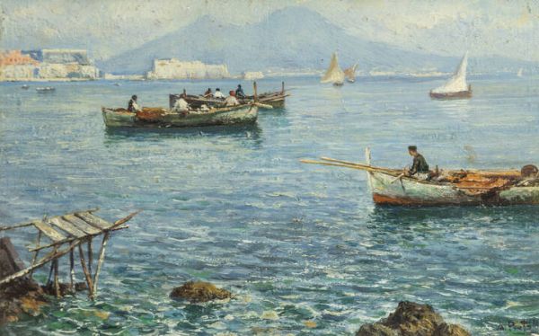 ATTILIO PRATELLA Lugo (RA) 1856 - 1949 Napoli : Veduta sul Vesuvio  - Asta Dipinti  - Associazione Nazionale - Case d'Asta italiane