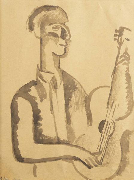 ACHILLE FUNI Ferrara 1890 - 1972 Appiano Gentile (CO) : Suonatore di chitarra 1916  - Asta Dipinti  - Associazione Nazionale - Case d'Asta italiane