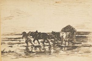 DAUBIGNY FRANCOIS CHARLES Parigi 1817-1878 - Uomo con cavallo e carro di buoi