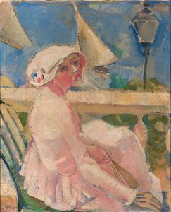 MAURICE BARRAUD Ginevra 1899 - Ginevra 1954 - Figura femminile al balcone  (al retro e al rovescio Nudo in piedi)