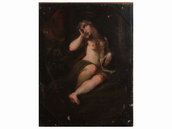 Scuola toscana del XVII/XVIII secolo : Maddalena penitente  - Asta La Casa del Maestro Pietro Annigoni e di Rosa Segreto - Associazione Nazionale - Case d'Asta italiane