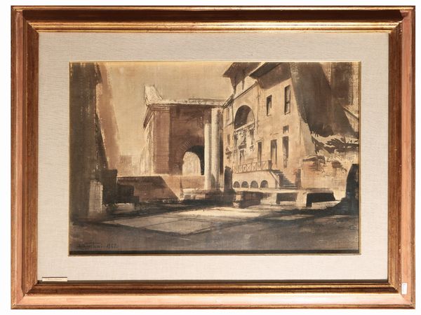 Abramo Scortecci : Portico D'Ottavia, Scorcio con rovine classiche 1962  - Asta La Casa del Maestro Pietro Annigoni e di Rosa Segreto - Associazione Nazionale - Case d'Asta italiane