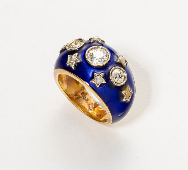 Anello a fascia in oro giallo con diamanti e smalto blu  - Asta Gioielli - Associazione Nazionale - Case d'Asta italiane