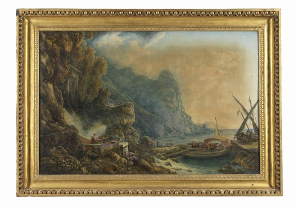 DUCROS ABRAHAM-LOUIS-RODOLPHE (1748 - 1810) : Attribuito a. Veduta della costa presso Pozzano con la torre di Portocarello sullo sfondo  - Asta Asta 492 | ARTE ANTICA E DEL XIX SECOLO - Arte antica e antiquariato Tradizionale - Associazione Nazionale - Case d'Asta italiane