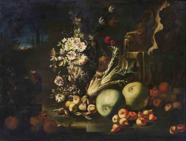 ARTISTA DEL XVII SECOLO : Natura morta con vaso di fiori, mele, melograno, meloni, pere e ortaggio  - Asta Asta 492 | ARTE ANTICA E DEL XIX SECOLO - Arte antica e antiquariato Tradizionale - Associazione Nazionale - Case d'Asta italiane